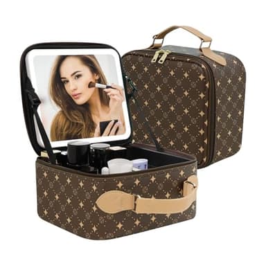 Travel Makeup Bag With 360° rotating LED Mirror,Waterproof cosmetic organizer,Portability Cosmetic case,Makeup organizer,Gift for Women,Girls Gift (Brown) - Image 1