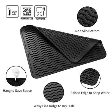 MicoYang Silicone Dish Drying Mat for Multiple Usage,Easy clean,Eco-friendly,Heat-resistant Silicone Mat for Kitchen Counter or Sink,Refrigerator or drawer liner Black L 16 inches x 12 inches - Image 3
