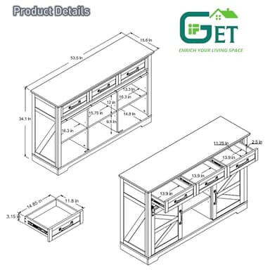 IFGET Farmhouse Buffet Cabinet, 53” Sideboard Cabinet w/3 Drawer, Rustic Storage Cabinets w/Sliding Barn Door, Coffee Bar for Dinning Room, Kitchen, Hallway, and Living Room-Dark Grey - Image 2