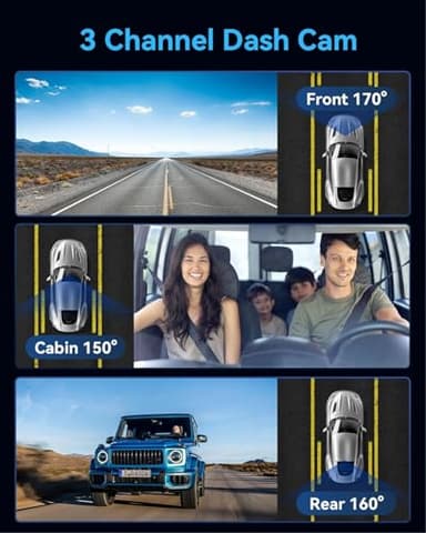 3 Channel Dash Cam Front and Rear Inside, Bulit a 32GB Card, Dash Camera for Cars,4K Full HD 2.0'' IPS Screen Dashcam with G-Sensor, IR Night Vision, WDR, Loop Recording, 24H Parking Mode - Image 2