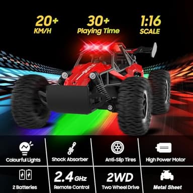 Remote Control Car for Kids 3 4 5 6 7+, 20 KM/H High-Speed RC Cars with LED Lights, 2.4GHz 2WD Monster Truck Toys,Toy Cars for Girls Boys,Christmas & Birthday Gifts,Upgraded Anti-Collision Shaft–Red - Image 2