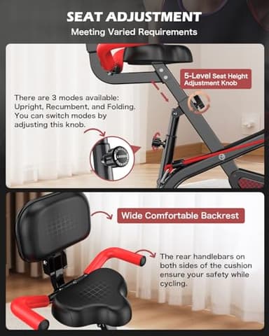 pooboo Folding Exercise Bike - 4-in-1 Magnetic X-Bike, Foldable Upright Indoor Cycling Stationary Bike with 8-Level Resistance, Pulse Sensor, Arm Resistance Bands, Back Support Cushion & Bottle Holder - Home Gym Workout Equipment - Image 5