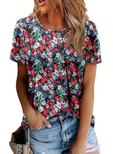 Angerella Ladies Shirts Flowy Summer Stretchy Daily T-Shirts Chiffon Floral Top Spring Summer 2025 Short Sleeve Trendy Crew Neck Dressy Casual Business Tunic Pleated Blouses XL - Image 2