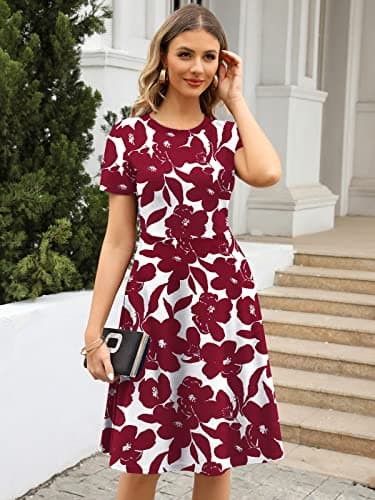 HELYO Summer Work Dresses for Women Professional Elegant 50s Office Casual Party Floral Print A-Line Dress with Pockets 162 Burgundy White XXL - Image 3
