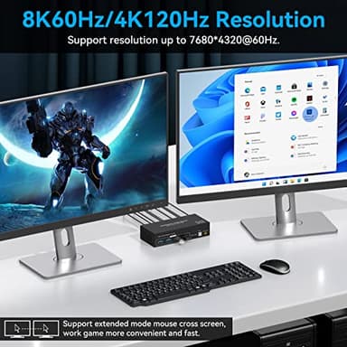 ATLAHET Displayport KVM Switch 2 Monitors 2 Computers 8K 60Hz 4K 120Hz Dual Monitor USB 3.0 KVM Switches for 4 USB Devices, Wired Extension Button,12V DC Adapter and USB3.0 Cables - Image 4