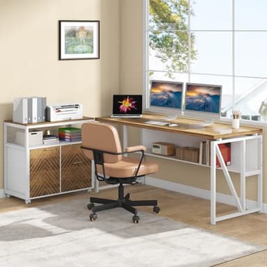 Tribesigns L Shaped Desk with Drawer,63" Executive Computer Desk and lateral File Cabinet, 2 Piece Home Office Furniture for Hanging File, Cabinet with Doors (Walnut, 63-inches) - Image 6