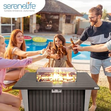 SereneLife Outdoor Propane Fire Pit Table - CSA/ETL Certified 50,000 BTU Pulse Ignition Weatherproof Rectangle Propane Gas Fire Table w/Adjustable Flame - Glass Rocks Wind Guard, Black SLFPSX55 - Image 8