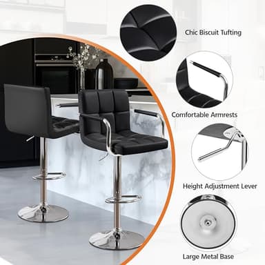 Yaheetech Bar Stools Set of 2, PU Leather Adjustable Swivel Barstools, Hydraulic Kitchen Counter Height Bar Chairs with Armrest and Back for Kitchen, Dining Room, Black - Image 4