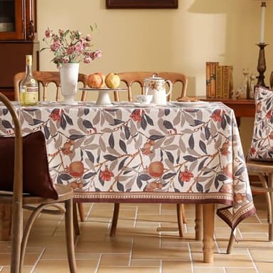 patdrea Designer Brown Tablecloth for Rectangle Tables,Framhouse Linen Pomegranates Leaves Pattern Linen Tablecloth,Fall Fruits Table Cover Cloth Decor for Kitchen Dining Christmas,67"*118" - Image 2