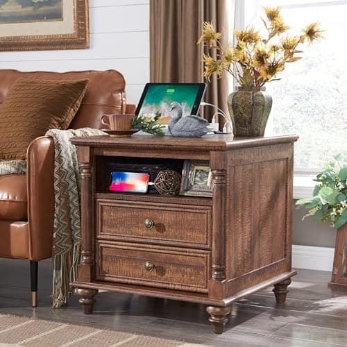 T4TREAM 24'' Farmhouse End Table w/4 Solid Wood Feet, Large 2 Drawers Wide Sofa Side Table with Charging Station, Tall Rustic Wood Square Nightstand for Living Room, Bedroom, Office,Reclaimed Barnwood - Image 1
