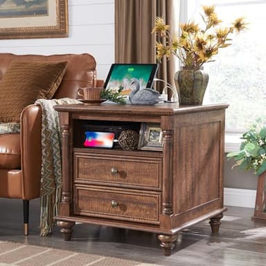 T4TREAM 24'' Farmhouse End Table w/4 Solid Wood Feet, Large 2 Drawers Wide Sofa Side Table with Charging Station, Tall Rustic Wood Square Nightstand for Living Room, Bedroom, Office,Reclaimed Barnwood - Image 1