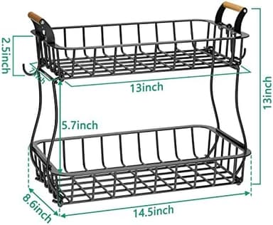2-Tier Countertop Fruit Basket Bowl Storage with Two Banana Hangers and Wooden Handles, Black - Image 7