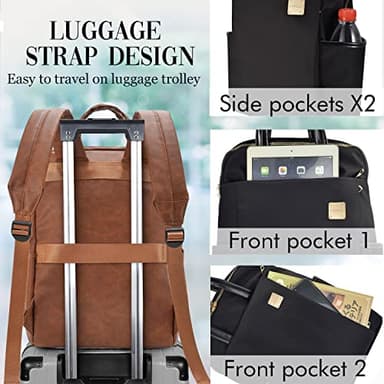 Laptop Backpack for Women Slim Travel - Laptop Bag Computer Case Fit up to 15.6-inch Notebook Lightweight Medium Size Purse for Work Bookbag Water-resistant Business Fashion Stylish PU Leather Brown - Image 4