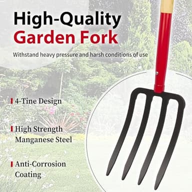 Dikuyeel Heavy Duty Garden Fork for Digging, 4 Tines Pitch Fork for Gardening Compost, Garden Pitch Fork with Wooden Handle, 45 Inches - Image 2