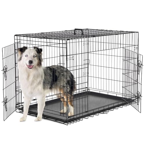 Sweetcrispy Dog Crate with Divider Panel, 42 Inch Double Door Folding Metal Wire Dog Cage with Plastic Leak-Proof Pan Tray, Large XL Pet Kennel for Indoor, Outdoor, Travel - Image 1
