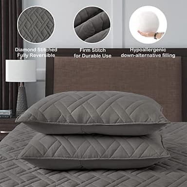 HORIMOTE HOME Quilt Set King Size Grey, Classic Geometric Diamond Stitched Pattern,Microfiber Ultra Soft Lightweight Bedspread Coverlet for All Season, 3 Piece Includes 1 Quilt and 2 Shams - Image 4