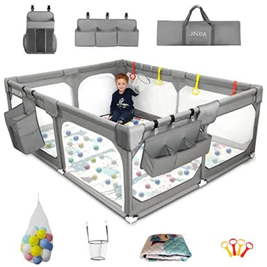 Baby Playpen with Mat 75"*59", Extra Large Playpen for Babies and Toddlers with Storage Bag, BPA-Free, Non-Toxic, Safe No Gaps Playards for Babies, Sturdy Safety Play Yard for Indoor Outdoor Fun, Grey - Image 1