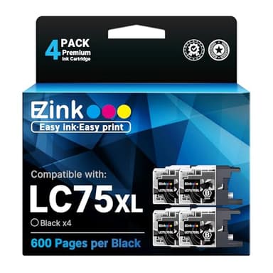 E-Z Ink Compatible Ink Cartridge Replacement for Brother LC75XL LC75 LC71 High Yield Compatible with MFC-J6510DW MFC-J6710DW MFC-J6910DW MFC-J280W MFC-J425W(Black,4 Pack) - Image 1