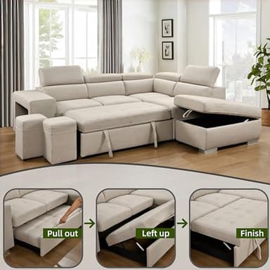 THSUPER 104'' Microfiber L Shaped Sectional Sleeper Sofa Couch with Pull Out Bed and Storage Ottoman, Convertible Couches with Adjustable Headrest for Living Room, Right Facing Chaise. Beige - Image 7