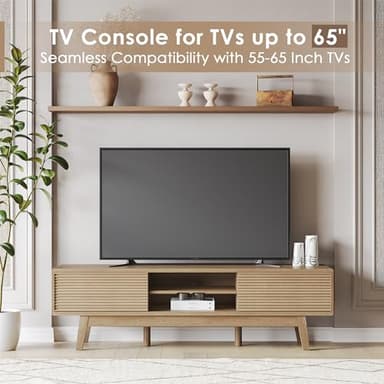 TOLEAD 59" TV Console, Mid Century Modern Media Console for 55/60/65 Inch TV, Low Profile TV Stand with Fluted Sliding Doors, Boho Light Wood Credenza for Living Room, Oak - Image 3