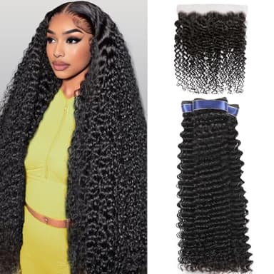 Human Hair Bundles Deep Wave Bundles Human Hair with Frontal Closure (22 24 26+20, Free Part) 16A Wet and Wavy Burmese Curly 3 Bundle with 13x4 HD Lace Frontal 100% Raw Hair Extensions - Image 1