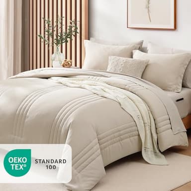 Monbix Queen Comforter Set - 7 Pieces Beige Bed in a Bag Queen Bedding Sets with Comforters, All Seasons Comforter Bed Set with Sheets,Pillowcases & Shams - Image 4