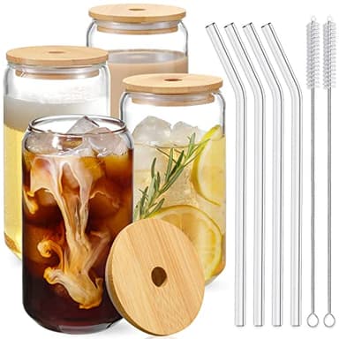 Drinking Glasses with Bamboo Lids and Glass Straw 4pcs Set - 16oz Glass Cups, Iced Coffee Glasses, Cute iced Tea Glasses, Beer Glasses, Ideal for Coffee Bar Accessories, Aesthetic Gift - 2 Brushes - Image 1