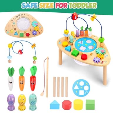 oathx Activity Table for 1+ Year Old, 6 in 1 Wooden Montessori Activity Center Play Table with Bead Maze Shape Sorter Fishing Game, Kids Sensory Educational Toddler Learning Toys 1st Birthday Gifts - Image 7