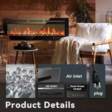 EUHOMY 50 Inch Electric Fireplace Wall Recessed and Wall Mounted with Adjustable Flame Color, Fireplace Heater with Remote Control, Linear Fireplace with Timer, Touch Screen, Log & Crystal, 750/1500W - Image 6