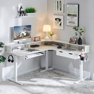 RedLemon 60 Inches L Shaped Electric Standing Desk, Height Adjustable Corner Gaming Desk with Drawers, Keyboard Tray, Power Outlets & LED Lights, Computer Desk with Monitor Shelf, Antique White - Image 7