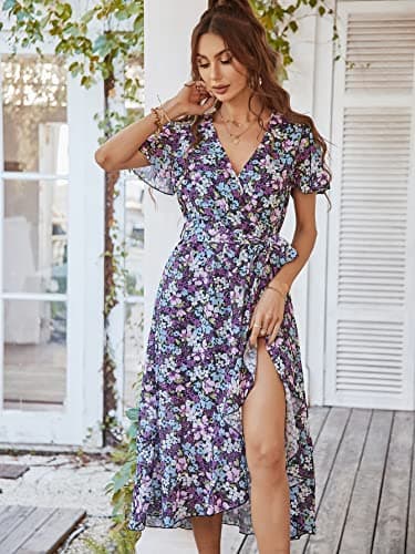 PRETTYGARDEN Women's 2024 Floral Boho Dress Wrap V Neck Short Sleeve Belted Ruffle Hem A-Line Flowy Maxi Dresses (Purple Floral,X-Large) - Image 7