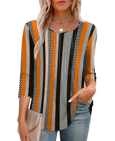 XIEERDUO 3/4 Length Sleeve Womens Tops Summer Pleated Business Casual Outfits Work Blouse Shirts for Women Clothing Fall Fashion Clothing Outfits Beach Vacation Essentials Clothes F-Striped Dots S - Image 3