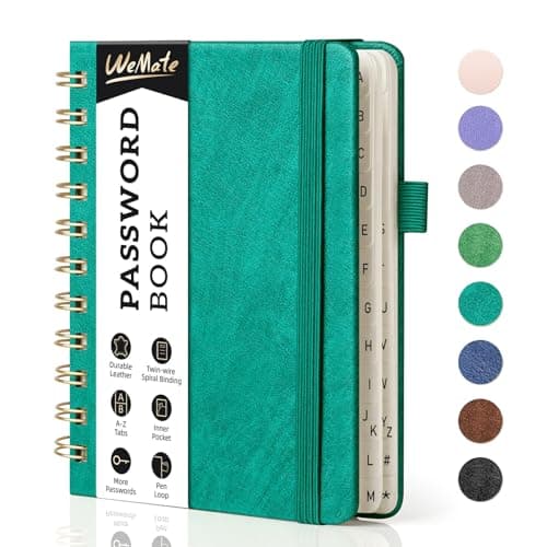 WEMATE Password Book with Alphabetical Tabs, Spiral Password Keeper Book for Seniors, Internet Password Notebook Password Journal Logbook Log in Detail, Small – 4.7''x 6'' (Teal) - Image 1