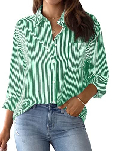 AISEW Womens Button Down Shirts Striped Classic Long Sleeve Collared Office Work Blouses Tops with Pocket (Green, 7002M) - Image 1