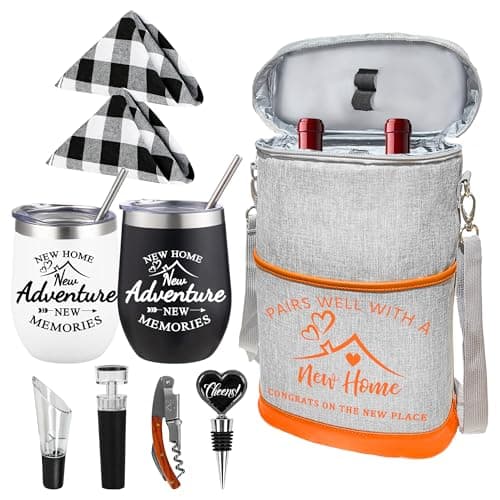 House Warming Gift New Home, Housewarming Gifts for New House for Couple, New Home Gifts for Home, New Home New Adventure New Memories Insulated Wine Cooler Tote Bag with Tumblers and Accessories - Image 1