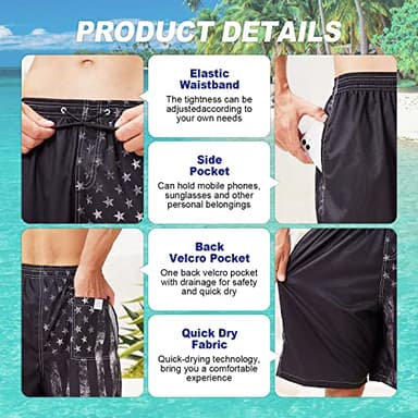 Mens Swim Trunks for Men, Hawaii Quick Dry Beach Shorts Swimming Trunks, Vintage Black American Flag Board Shorts Men's Swimwear Bathing Suit with Mesh Lining, Medium - Image 5