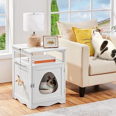 Yaheetech Cat Litter Box Enclosure, Hidden Litter Box Furniture with Open Shelf, Indoor Cat Washroom, Storage Cabinet Pet Crate, Side End Table, Wooden Pet House White - Image 2