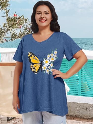 JOELLYUS Plus Size Tops for Women Summer Top V Neck T Shirts Loose Fit Basic Tees Short Sleeve Blouse(Grey Blue Butterfly,2XL) - Image 2