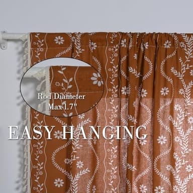 Terracotta Boho Linen Curtains with Tassels 84 Inch Length for Living Room, Floral Semi Sheer Curtains 2 Panels, Vintage Rustic Farmhouse Light Filtering Drapes, Burnt Orange - Image 6