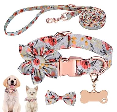 Cute Girl Dog Collar and Leash Set with Flower Bowtie,Adjustable Floral Collar for Female Dog,Metal Buckle,Tag Decor for Small Puppy Medium Large Dogs Cats(M, Green) - Image 1