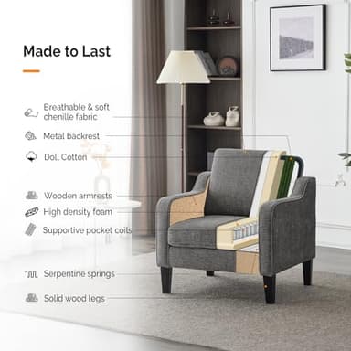 VINGLI Accent Chairs for Living Room Chairs Reading Chair Mid Century Modern Chair Soft Chenille Sofa Chair Upholstered Arm Chair Comfy Chair Side Chair (Light Grey Chenille) - Image 6