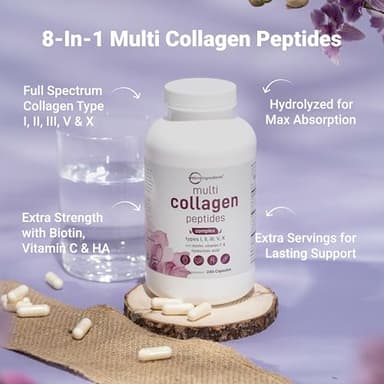 Micro Ingredients Multi Collagen Pills for Women & Men, 240 Capsules | Type I, II, III, V, X - Hydrolyzed Peptides with Biotin, Hyaluronic Acid & Vitamin C | Hair, Skin, Nail & Joint Support* - Image 2