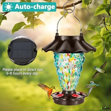 Solar Hummingbird Feeder for Outdoors Hanging, Lighted Lantern with RGB Lights, Hand Blown Glass, 28 fl.oz, Leak Proof & Rustproof, Metal Cover with 5 Feeding Ports, Spiral Shaped, Teal - Image 4