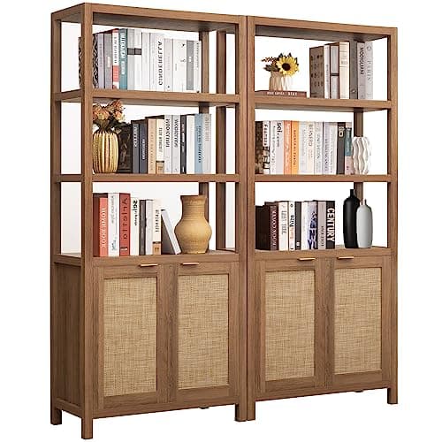 SICOTAS Bookshelf 5 Tier Book Shelf Rattan Boho 71" Tall Bookcase with Doors Storage Shelves Large Bookshelves Farmhouse Bookcases Library Book Case for Living Room Bedroom Home Office Kitchen - Image 1