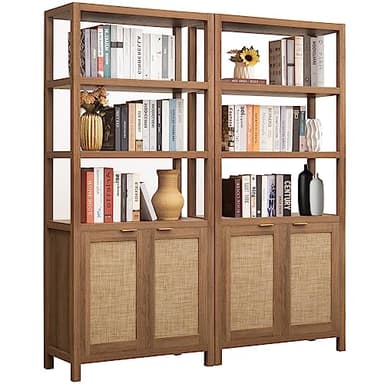 SICOTAS Bookshelf 5 Tier Book Shelf Rattan Boho 71" Tall Bookcase with Doors Storage Shelves Large Bookshelves Farmhouse Bookcases Library Book Case for Living Room Bedroom Home Office Kitchen - Image 1