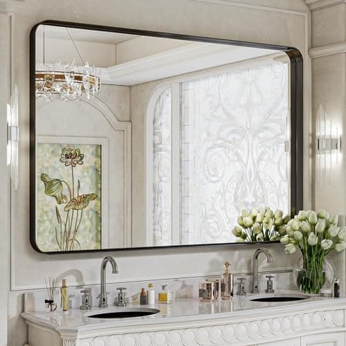 VooBang Bathroom Mirror 30x48 inch, Black Gorgeous Deep Frame Wall Mirror, Modern Round Corner Bathroom Vanity Mirror for Bedroom, Living Room, Hanging or Leaning Horizontal or Vertical, Black - Image 1