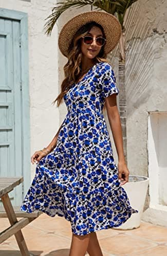 Berydress Womens Casual Summer Dresses 2025 Short Sleeve V-Neck Wedding Guest Floral Tiered Midi Dress (M, 6175-RB Flowers) - Image 7
