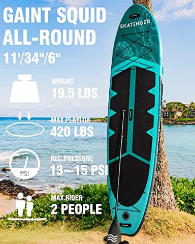 Skatinger 11'x34'' Extra Wide Inflatable Paddle Board, Up to 420lbs Stand-up Paddle Boards for Adults, Stable SUP for 2 People/Family, 3-PCS Paddle, Shoulder Strap, US Fin - Image 2