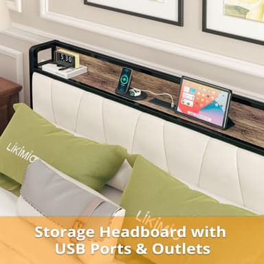 LIKIMIO Full Size Bed Frame, Storage Headboard with Charging Station, Solid and Stable, Noise Free, No Box Spring Needed, Easy Assembly (Walnut and Beige) - Image 4