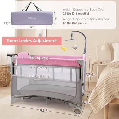 BIERUM 5-in-1 Pack n Play, Baby Bassinet, 3 Height Adjustable Baby Crib with Diaper Changer, Storage Bag & Music Box, Portable Bassinet with Carry Bag, Mattress for Newborn to Toddlers - Image 2